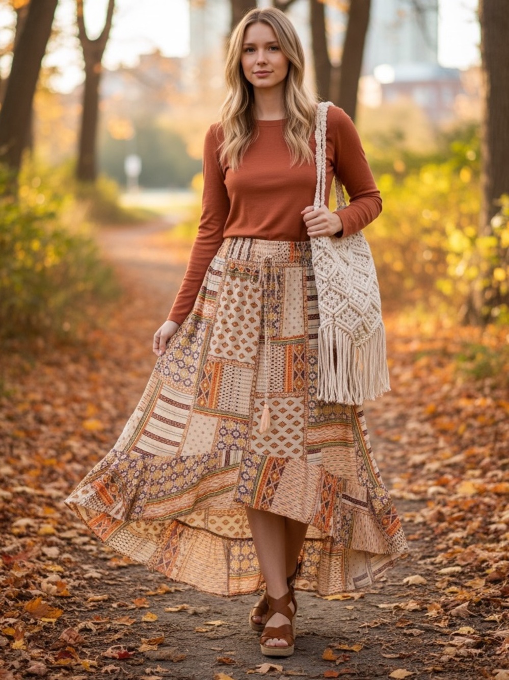 VERSONA BOHO PATCHWORK DRAWSTRING MIDI SKIRT SIZE LARGE BEIGE MULTICOLOR HI-LO